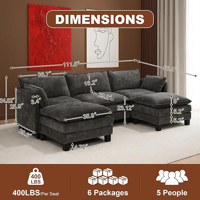 111” Modular Sectional Sofa L Shaped Cloud Couch with Ottoman Chenille Deep Seat Sofa with Pillow for Living Room Bedroom and Apartment5 Seats Grey