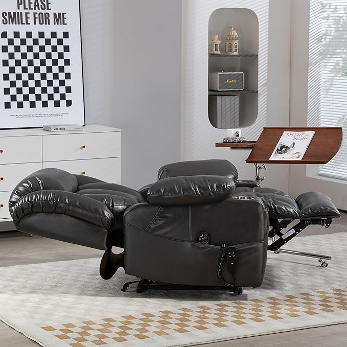 Lay Flat Lift Recliner Chair with Massage &amp Heat for Elderly People Electric Power Lift Chair w/Dual Motor 2 Stainless Steel Cup Holders and 2 Remote Controls Breathable Faux Leather Grey