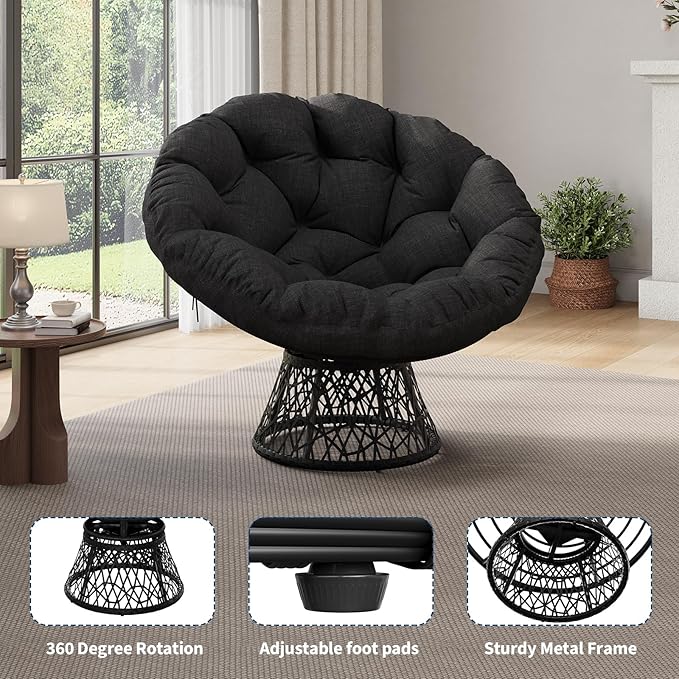 Garvee Papasan Chair 37 Ergonomic Wicker Papasan Chair with Extra-Thick Soft Fabric Cushion Heavy-Duty Steel Frame 360° Swivel Base for Living Room Bedroom &amp Reading Nook – All Black