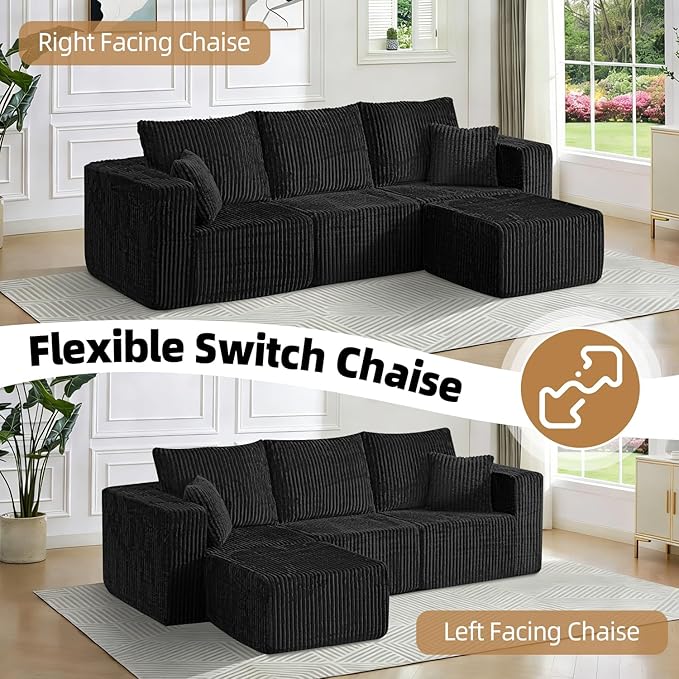 98 Modular Sectional Sofa L-Shaped 3 Seater Boneless Couch with Ottoman Modern Cloud Sectional Couch Deep Seat Sofa for Living Room Bedroom Apartment No Assembly Required Black
