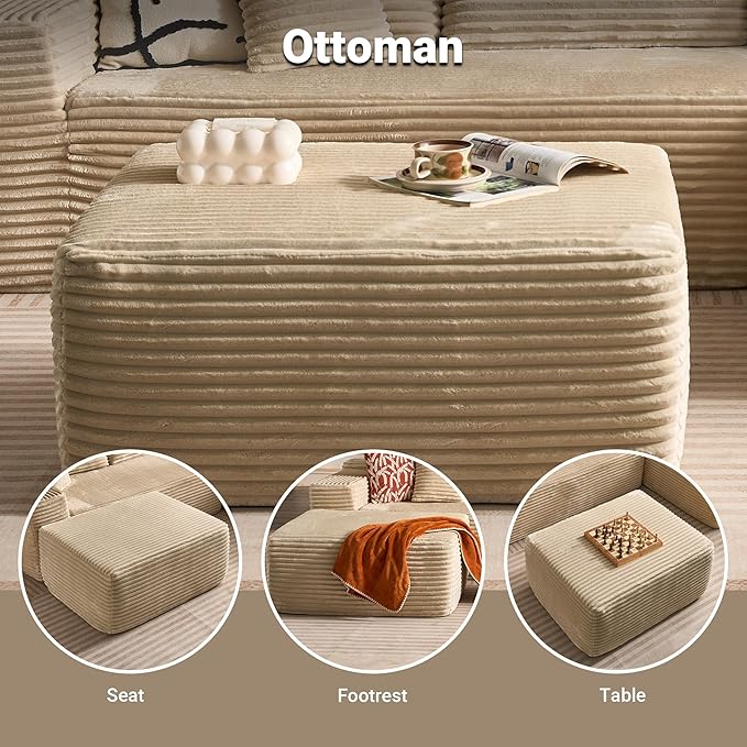 106 Cloud Sectional Couch with Comfy Chaise and OttomanPlush Corduroy Boneless Couches for Living RoomU Shaped Sofa in A Box No Assembly RequireBeige