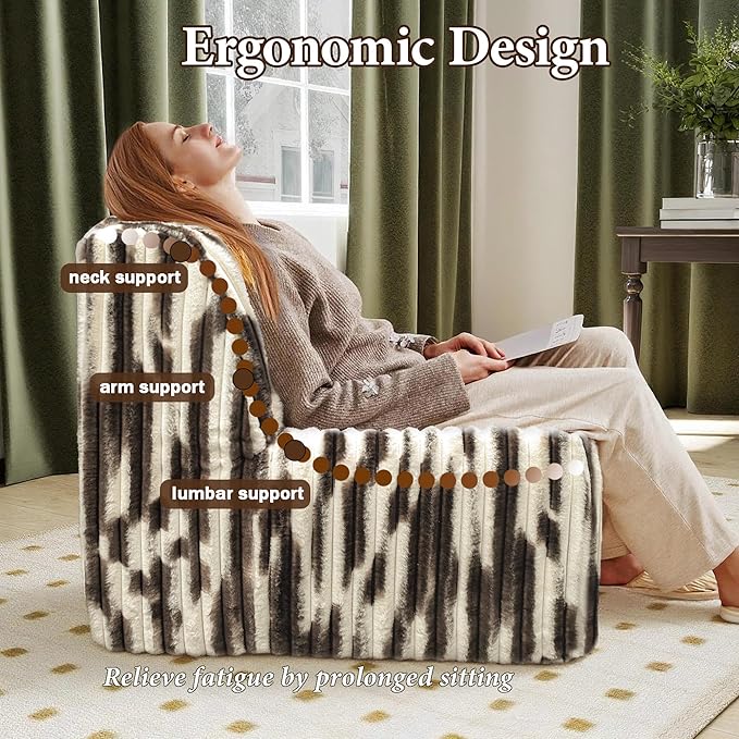 Trenda 32'' Comfy Bedroom Chair for Adult Boneless Space-Saving Accent Chairs with with Spacious Seating Soft Faux Fur Ideal Floor Couch for Living RoomCollege Dorm to Reading (White&amp Brown)