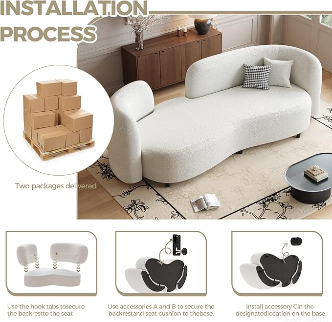 Modern Curved Sherpa Sofa Small Loveseat Couch with Solid Wood Frame &amp Thick Cushion Comfy Upholstered Sofa for Living Room or Apartment – Ivory White