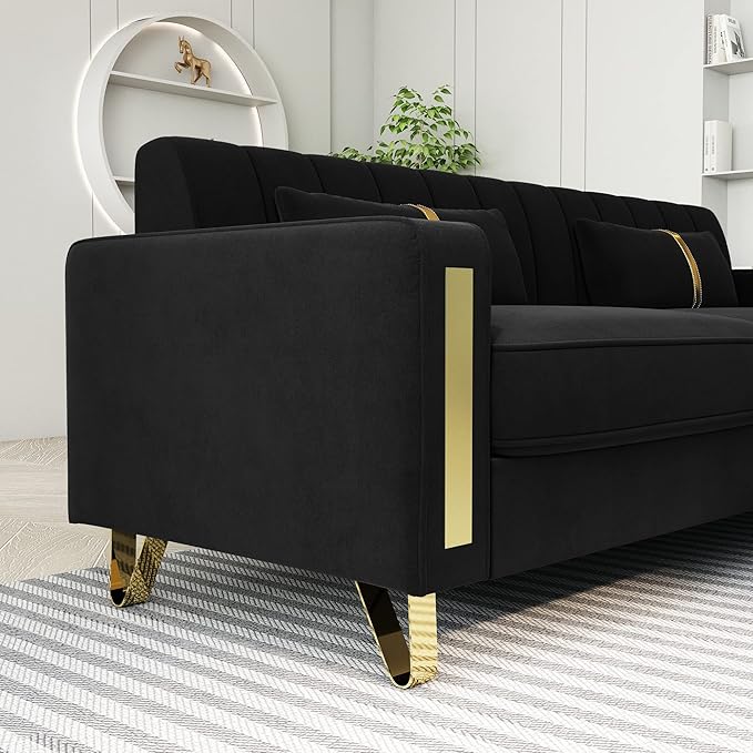 Modern Velvet Sofa Couch 86 Large Loveseat Sectional Sofa Couch with Gold Legs for 3-4 Persons Upholstered Deep Seat Love Seat Sofa Chaise for Living Room Office Apartment Black
