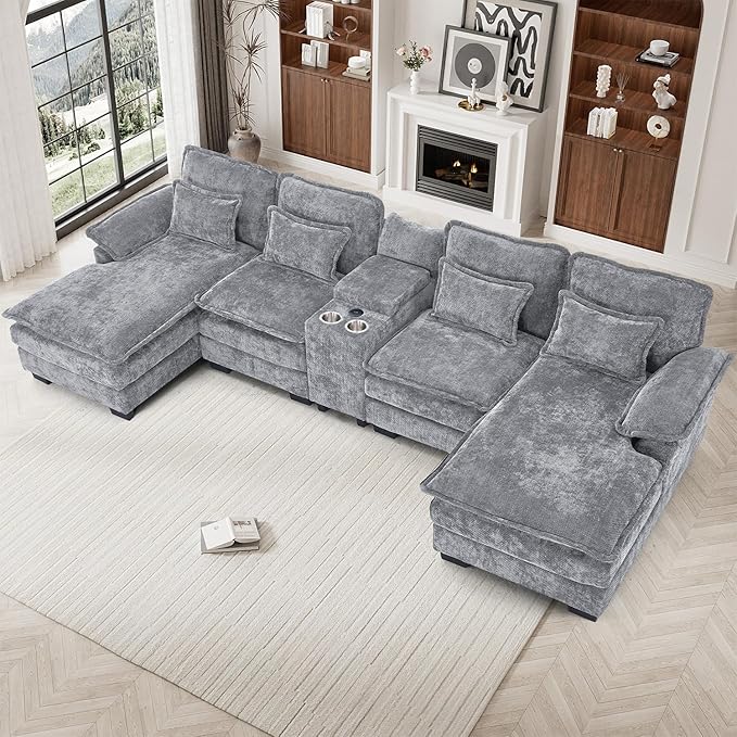 133 Oversized U Shaped Cloud Couch Modular Sectional Couches for Living Room Comfy Chenille Deep Seat Sofa Set with Double Chaise Lounge Storage Central Console Cup Holders USB Port Light Grey