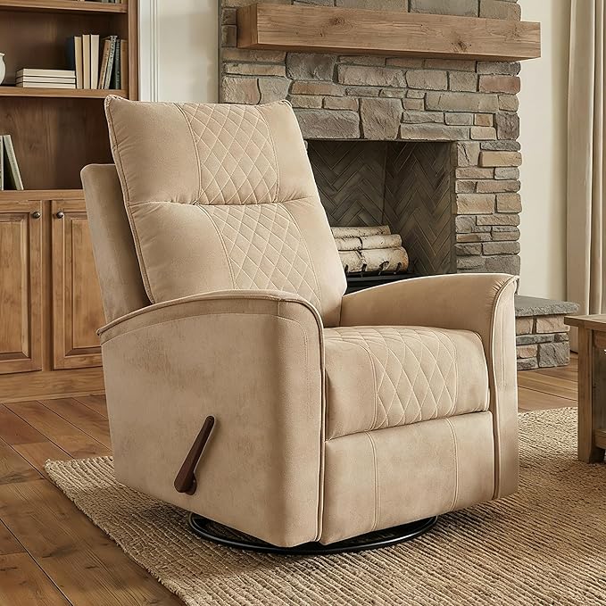 360° Swivel Manual Recliner Chair Rocker Recliner Chair for Adults Nursery Rocker Reclining Chair with Lumbar Support Small Recliners for Small Spaces Living Room Bedroom Chenille Brown