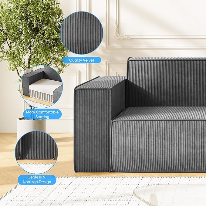 PUREMIND 3 Seater Sofa in a Box 76 Modern Corduroy Sofa Couch with Widen Armrest Comfy Deep Seat Couches for Living Room Apartment Grey