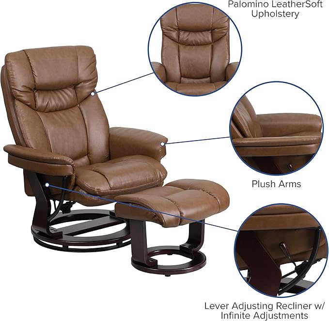 Flash Furniture Allie LeatherSoft Upholstered Recliner with Footrest Arms and Headrest Padded Swivel Recliner Chair and Ottoman Set Palimino