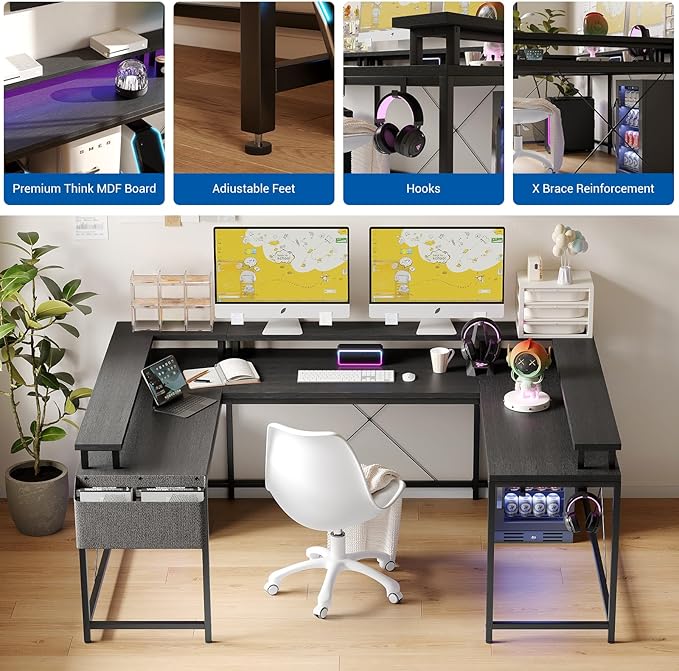 U Shaped Computer Gaming Desk 79’’ Reversible l Shaped Computer Desk with Power Outlet &amp LED Strip Office Desk with Monitor Stand Large Corner Desk with Storage Bag for Bedroom Office Black