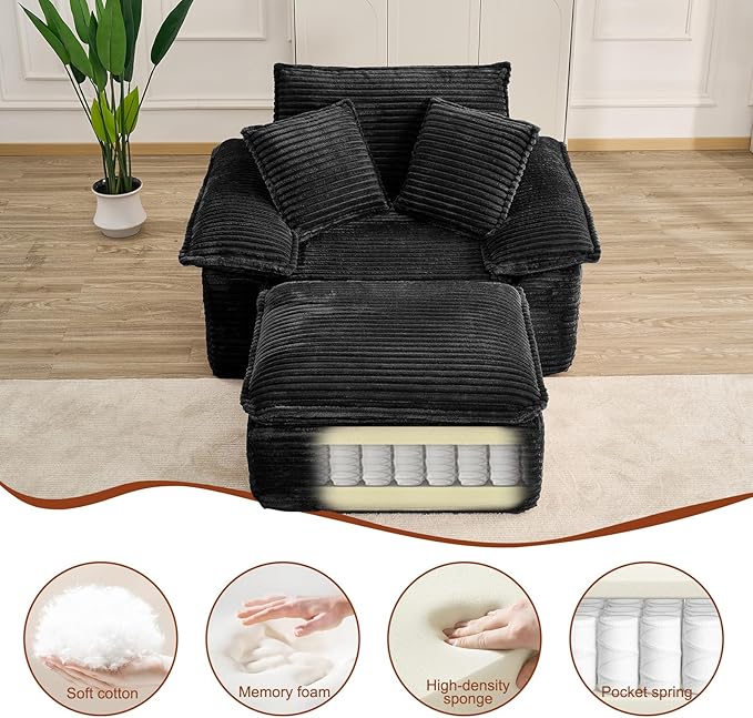 Boneless Sofa with Removable OttomanUpholstered Sofa Bed with PillowsPlush Faux Fur Lounge Reading Chairs with ArmrestsCloud Couches for Living RoomNo Assembly Required (Black Single seat) | No A