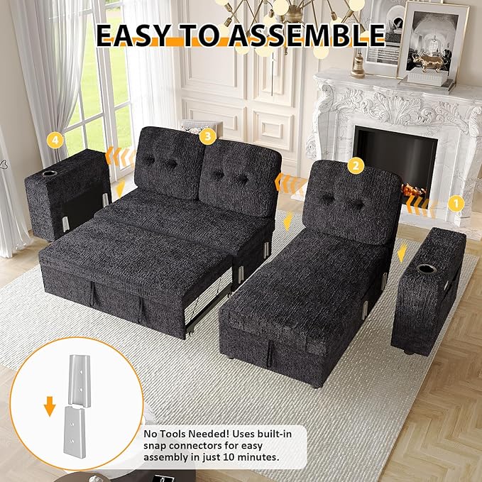 90 Inch Sleeper Sofa Bed 4 in 1 Pull Out Couch Bed with Adjustable Backrest | Reversible Storage Chaise | Wide Armrest | Tool Free Assembly Sectional Couches for Living Room Black Chenille