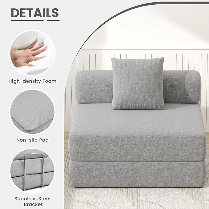 DURASPACE Folding Sleeper Sofa Bed Convertible Foam Floor Mattress Couch Single Boneless Fold Out Lounger Chair Bed for Living Room Bedroom (Chenille Gray)