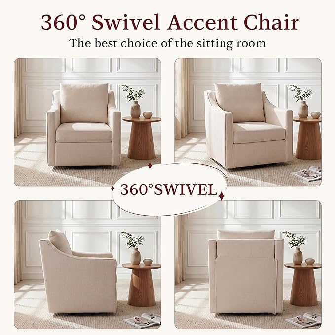 ANJ 360° Swivel Accent Chair Set of 2Large Comfy Fabric Reading Chair with Wide Curved Back and Soft Pillows Mid Century Modern Chair for Living Room and Bedroom Wheat
