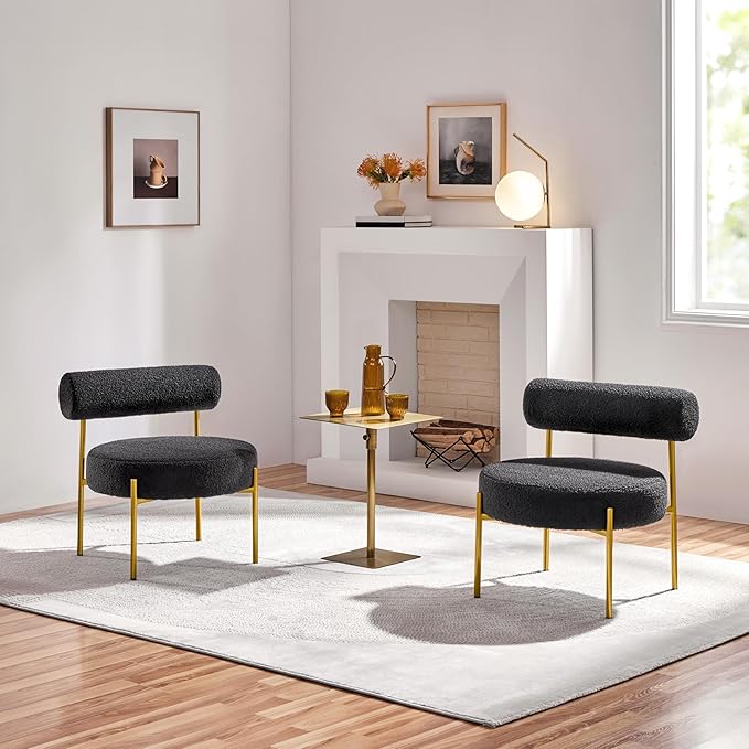 Yaheetech Boucle Vanity Chair Modern Tufted Accent Chair Cozy Sherpa Barrel Chair with Gold Legs Club Chair for Living Room Bedroom Makeup Room Home Office Black 2pcs