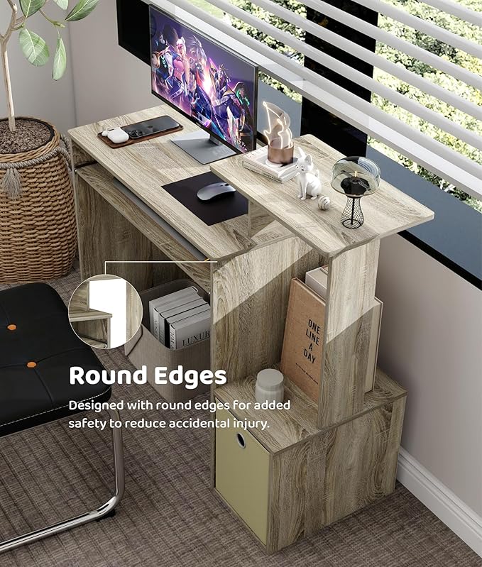 Small Computer Desk with Drawer Writing Desk with Storage Shelves for Home Office Bedroom Oak/Ivory