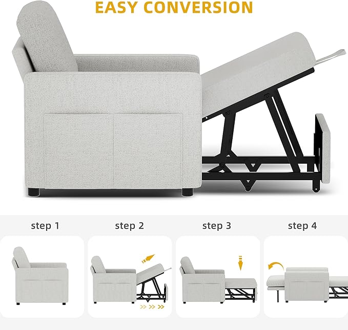 YITAHOME Convertible Sofa Chair Bed 3-in-1 Linen Fabric Sleeper with Pull-Out Bed Reclining Backrest &amp Wide Armrest Beige