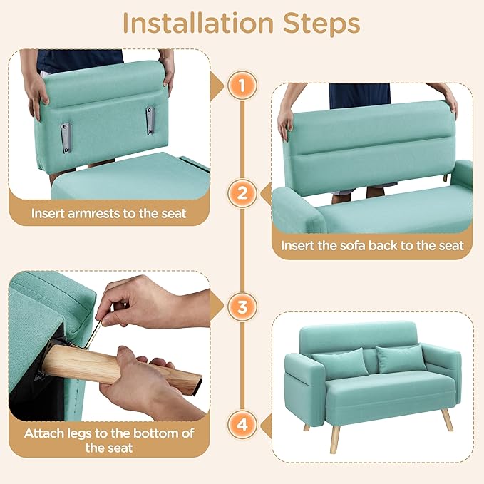Yaheetech 46 Small Modern Fabric Sofa Loveseat Mid Century 2 Seater Sofa Couch with Lumbar Pillows Solid Wood Legs for Living Room Small Space Dorm Office Bedroom Aquamarine