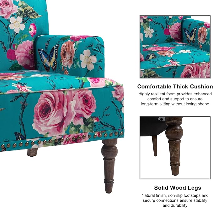 Accent Chair Mid Century Modern Comfy Armchair for Living Room Linen Fabric Single Sofa Lounge for Reading Bedroom Apartment Waiting Room with Wood Legs (Floral Set of 2)