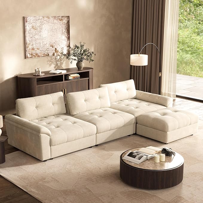 Oversized Modular Sectional Sofa with Adjustable Back Modern Comfy Sectional Couch with Storage Ottoman Deep Seat Chenille Cloud Couch for Living Room 3 Seater with Ottoman Beige