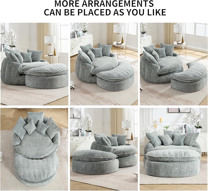 Oversized Fluffy Chenille Lounge Sofa - Extra Deep Seat Cozy Reading Circle Couch for Living Room | Indoor Lounge &amp Oversized Round Accent Design (Blue Gray - with Ottoman)
