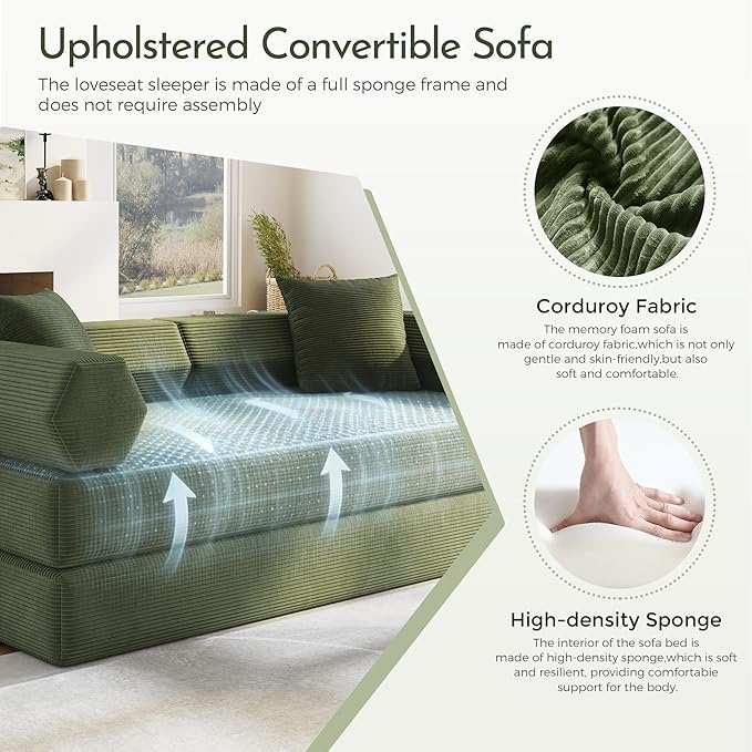 Convertible Floor Sofa Bed with Fixed-Shape Frame King Size Floor Sleeper 5-in-1 DIY Combination Modular Sofa Modular Chenille Folding Mattress Couch for Living Room Bedroom Playroom (Green1)