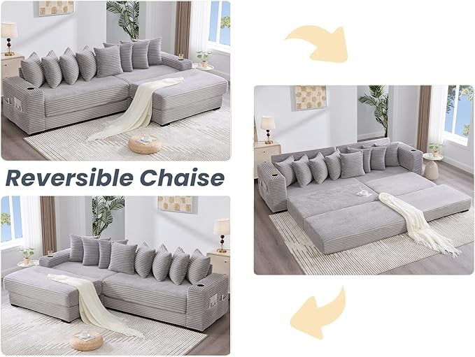 Modular Sectional Sofa Couch 110.75 Convertible Sleeper Sofa Bed with Movable Ottoman &amp Cup Holder for Living Room | L Shaped Couch | Pull Out Couch Bed | Plush Corduroy Fabric Gray