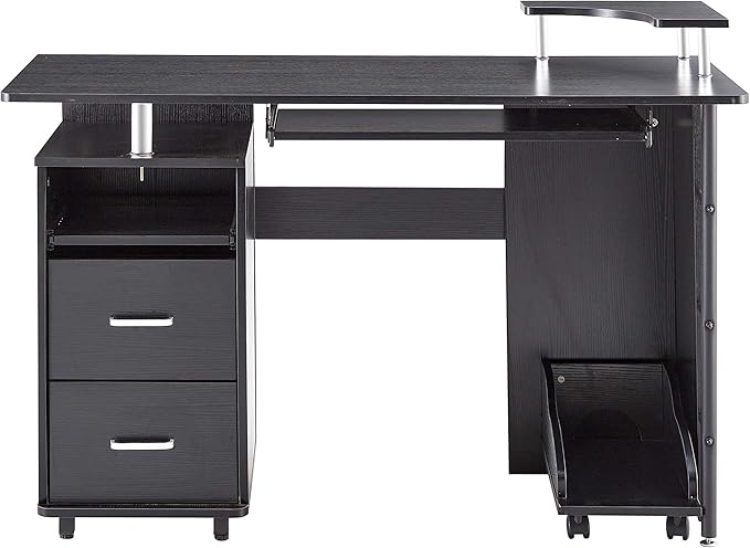 Computer Desk with 2 Storage Drawers Home Office Desk Writing Study Desk Storage Shelves and File Cabinet CPU Tray Black
