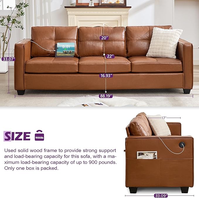 TYBOATLE 88 W Faux Leather Couches for Living Room w/Side Pockets Mid-Century Modern Tufted Comfy Leather Couch w/USB and Wider Arms 3 Seater Sofa for Office Apartment Bedroom