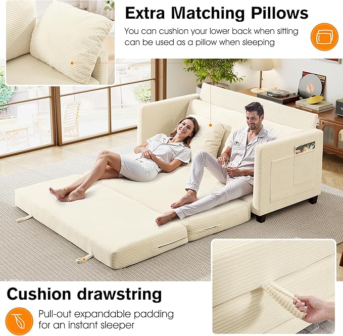 65 Loveseat Sleeper Sofa Bed Corduroy Convertible Sofa Bed for Small Spaces Folding Couch Bed with Deep Seat 2 Pillows &amp Solid Frame Pull Out Floor Couches for Living Room Beige