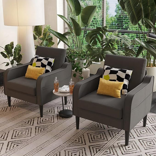 Grey Accent Chair Set of 2 - Upholstered Armchair with Side Pockets Comfy Living Room Arm Chair Reading Accent Chairs for Bedroom Living Room Apartment Office