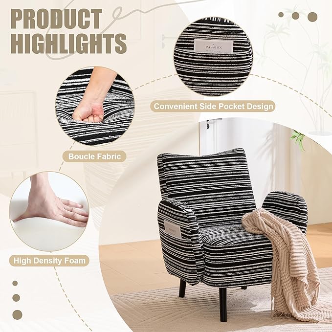 Modern Upholstered Armchair with Side Storage Pocket Fabric Reading Chair with Solid Wood Legs Ergonomic Accent Chair for Living Room Bedroom &amp Office (Black)