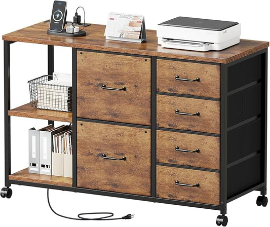 6 Drawer File Cabinet with Charging Station Rolling Printer Stand with Open Storage Shelf Fabric Lateral Filing Cabinet for Home OfficeRustic Brown2