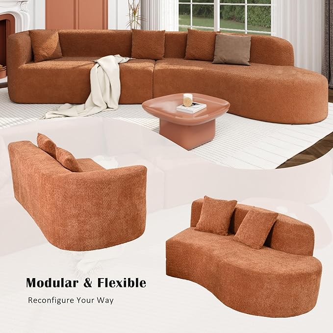 132 Large Sponge Modular Sofa Modern Sectional Sofa with Curved Design 2-Piece Chenille Modular Couch with 4 Pillows Plush Sponge &amp Spring Cushion for Living Room (Orange103)