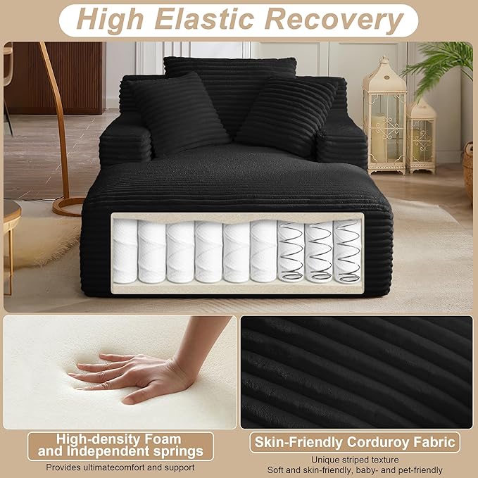 KEIKI 67 Oversized Chaise Lounge Chair Indoor Corduroy Cloud Sofa Couch with Deep Seat &amp Pillows Modern Sleeper Sofa Bed for Dorm Room Student Apartment Lounge No Assembly Required