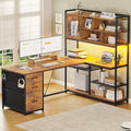 SEDETA L Shaped Computer Desk 58'' Office Desk with 3 Drawers and Bookshelf L Shaped Corner Desk with Storage Shelves and LED Light for Home Office Gaming Desk L Desk Rustic Brown