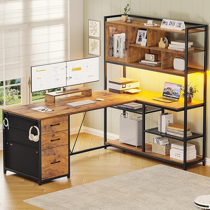 SEDETA L Shaped Computer Desk 58'' Office Desk with 3 Drawers and Bookshelf L Shaped Corner Desk with Storage Shelves and LED Light for Home Office Gaming Desk L Desk Rustic Brown