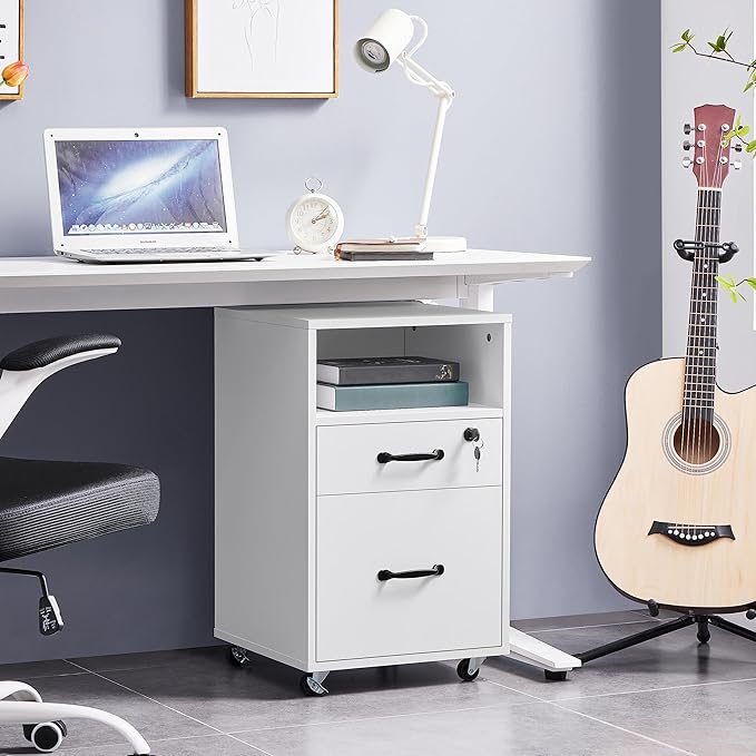 Topeakmart File Cabinet 2-Drawer and 1-Open-Shelf Rolling Filing Storage Printer Stand with Wheels Lock for A4/ Legal/Letter 16″ L×16″ W × 26″ H White
