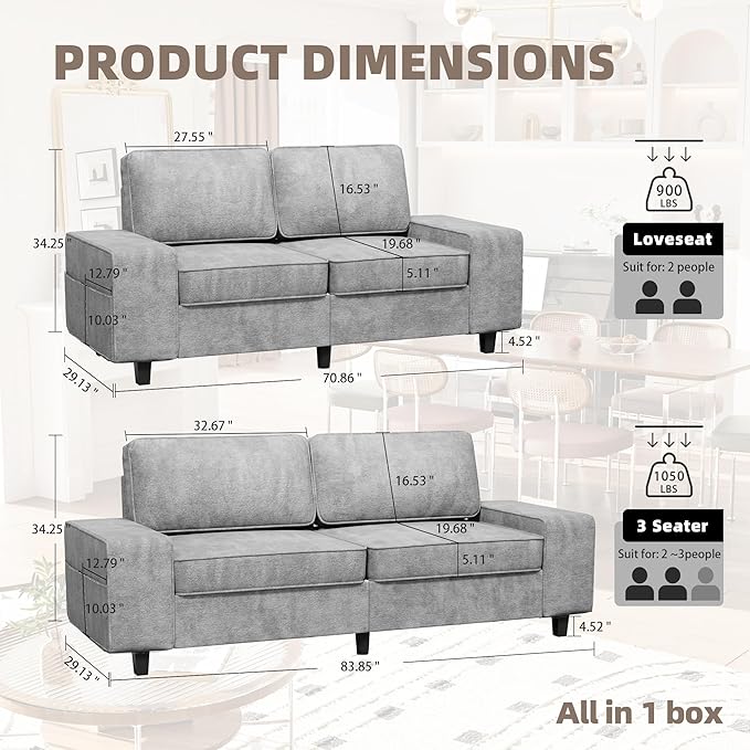3 Seater Sofa Couch with Deep Seats 84 Mid Century Modern Chenille Fabric Sofa with Armrests Comfy Couches for Living Room Bedroom Apartment and Office