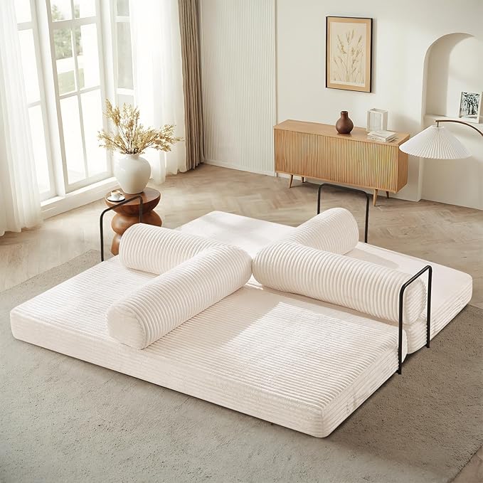 Folding Sofa Bed Convertible Corduroy Comfy Loveseat Sleeper Bed Modular Foam Compression Sofa Couch Floor Lazy Chaise Lounge for Guest Room Living Room Studio (Beige)