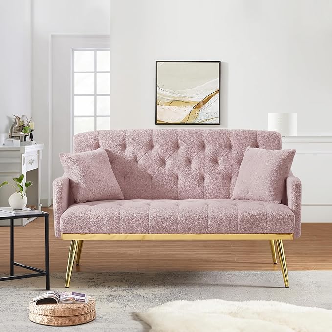 Small Loveseat Sofa 55.5-inch Modern Sofa Couch with with 2 Side Pockets Modern Tufted Sofa with Golden Metal Legs Upholstered Space Saving Love Seat for Living Room Bedroom Office Pink Teddy
