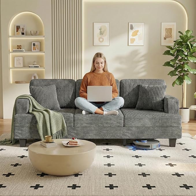 JUMMICO Corduroy Couches for Living Room 3 Seater Couch with Cup Holders and Removable Cover Small Sofa with Deep Seats for Apartment Terrace or Loft (Gray)