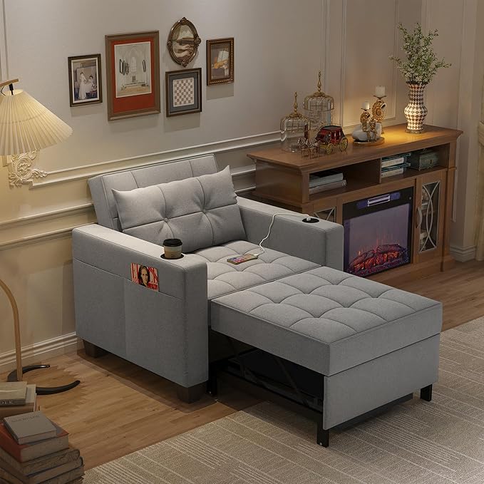 DURASPACE Pull Out Sofa Bed 3-in-1 Convertible Sofa Sleeper Chair Bed with USB Cup Holder Adjustable Armchair Beds for Small Spaces Apartment Living Room Office (Light Gray Linen)