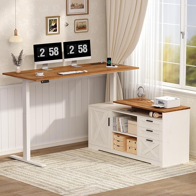 Farmhouse L Shaped Electric Standing Desk with File Cabinet 55 inch Height Adjustable Computer Desk with Drawers ＆ Storage Shelves Corner Standing Desk with Power Outlets Brown and White