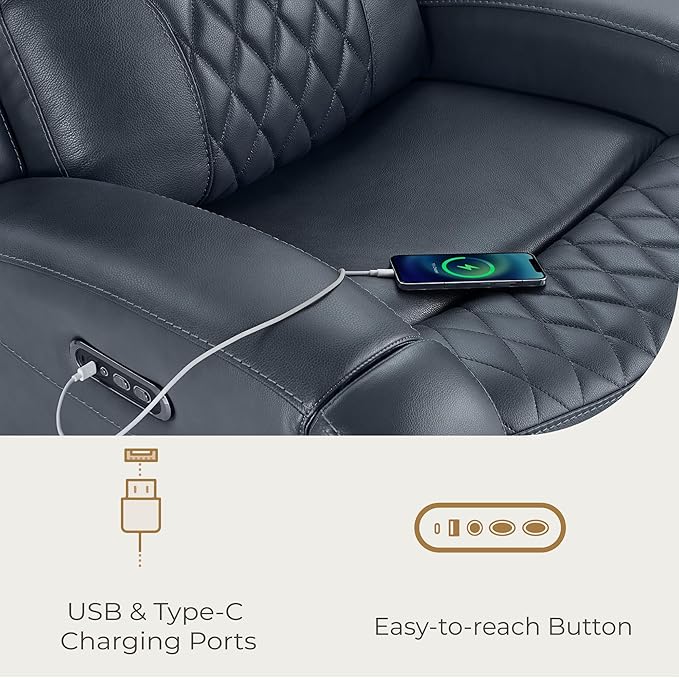 CHITA Genuine Leather Recliner Chair for Adults with Adjustable Power Headrest Lay Flat Power Recliner with Slide-Out Cupholders &amp USB/Type-C Ports Living Room Chair Navy Blue