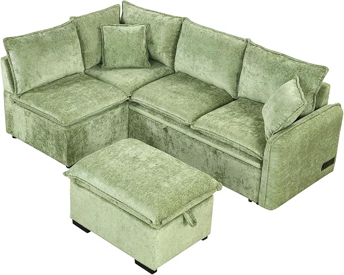 82.67 Convertible Sofa Bed Sectional Sofa Sleeper Chenille L-Shaped Sofa with Movable Storage Ottoman and 2 Pillows Pull-Out Sofa Bed Corner Couch for Living Room Office Apartment (Green-CV)