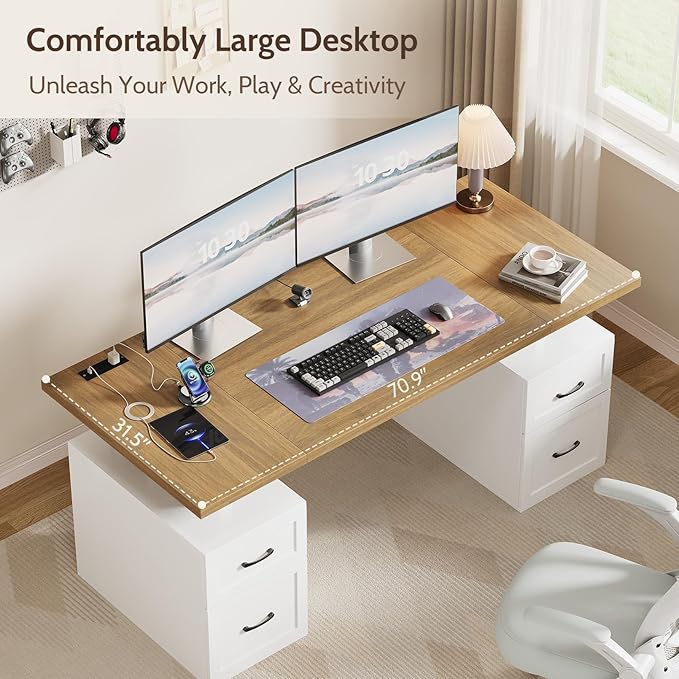 Farmhouse Desk with Drawers &amp Power Outlet White Home Office Desk with Adjustable File Organizer 71 Executive Desk with Storage Computer Desk with Privacy Panel