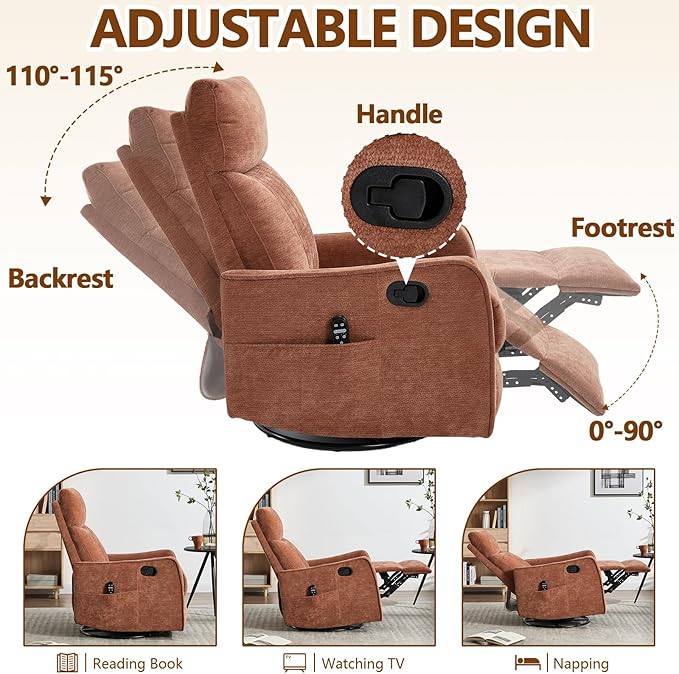 Massage Recliner Chair with Heat Slim Recliners for for Adults Swivel Rocking Chair Recliner with High Back Small Recliner Chair for Small Spaces Living Room Adjustable Footrest (Orange)