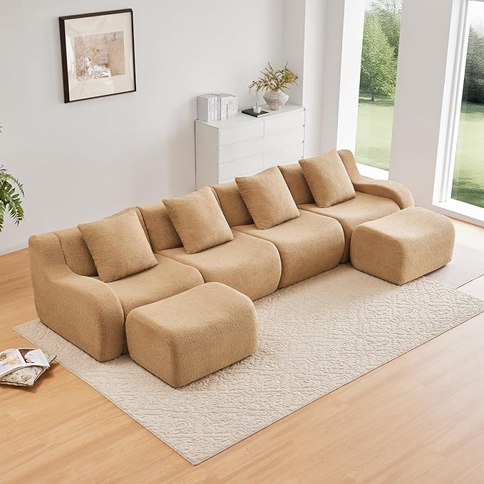 Camel U-Shaped Cloud Couch with 2 Ottomans Modern Teddy Fabric Boneless Sectional Sofa in a Box for Living Room Modular Floor Couch Deep Seat No Assembly Required Sofas para Sala