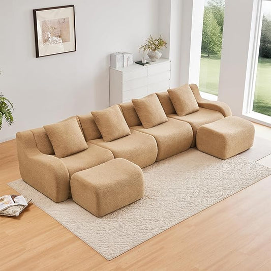 Camel U-Shaped Cloud Couch with 2 Ottomans Modern Teddy Fabric Boneless Sectional Sofa in a Box for Living Room Modular Floor Couch Deep Seat No Assembly Required Sofas para Sala