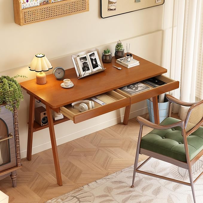 Solid Wood Desk with Drawers - 47.2 Inch Mid Century Modern Desks Writing Desk with Storage Shelf Home Office Desks for Bedroom &amp Home Walnut Color